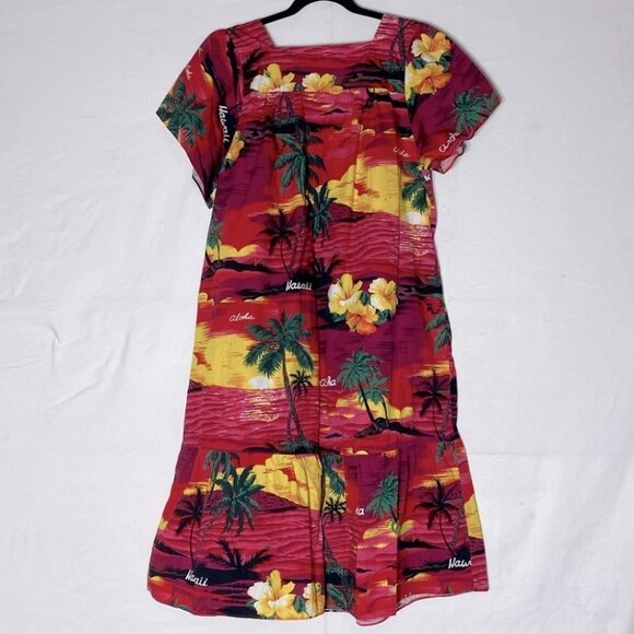 Vintage Alm Fashions Hawaii Red Tropical  Short Floral Mumu Dress L - Picture 2 of 14
